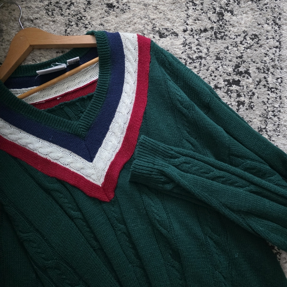 Vintage 90s Weekends Vneck Cableknit Sweater Mens L Cotton Blue Green Red White